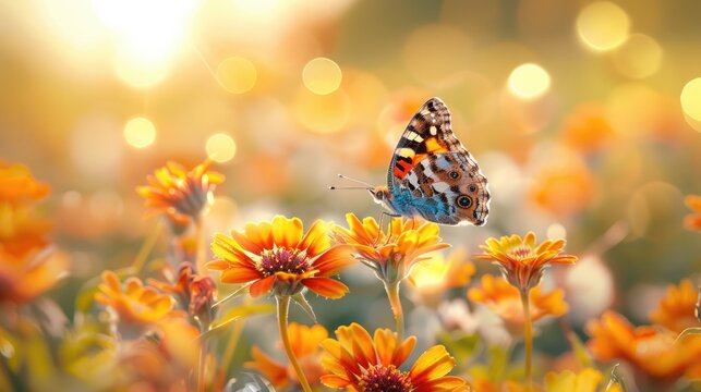 Beautiful wild flowers with butterfly on sunny spring meadow. Generative AI.