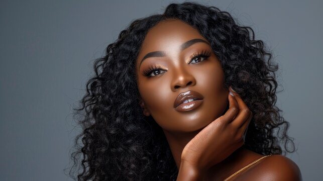 This is a beautiful portrait of an African woman. She has brunette curly hair, dark skin touching her chin, and is posing against a grey background. It is a banner with a copy space on the web.