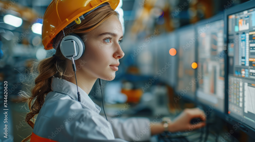 Fototapete engineer woman talking with a headsets using multiple monitors in industry workshop. generative ai.