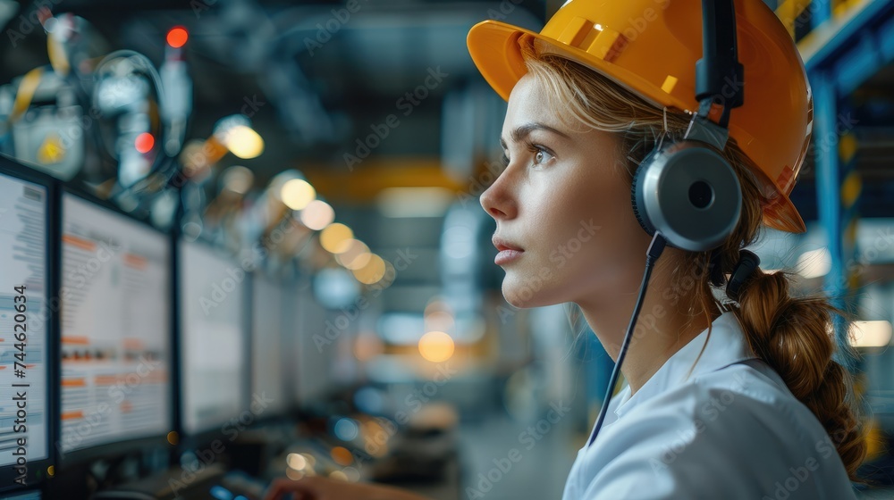 Leinwandbilder engineer woman talking with a headsets using multiple monitors in industry workshop. generative ai.