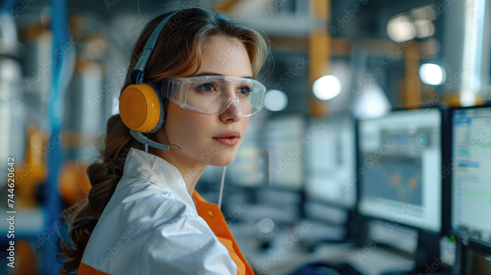Leinwandbilder engineer woman talking with a headsets using multiple monitors in industry workshop. generative ai.