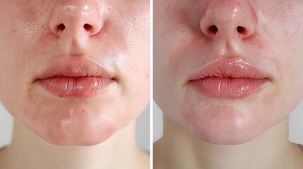 A comparison of women's lips correction before and after. Hyaluronic acid injections. Treatments for beautiful lips. - obrazy, fototapety, plakaty