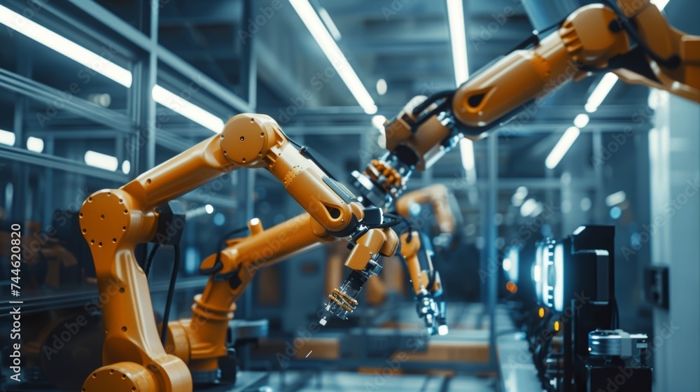 Fototapete Engineer oversees and controls automation robot arms machines in the intelligent factory on a real-time monitoring system. Welding robotics and digital manufacturing operations are monitored and