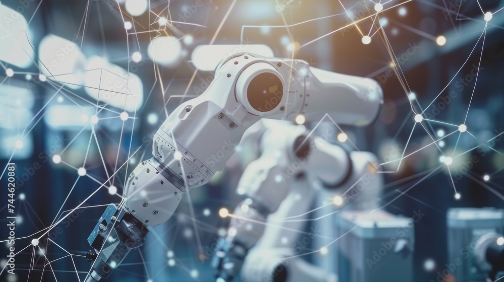 Poster Digital factory robotic arms that explain the automation manufacturing process of Industry 4.0 or the 4th industrial revolution and the use of IOT software to control operation.