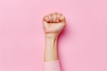 Girl power and woman empowerment concept. Woman raised fist isolated on pink background