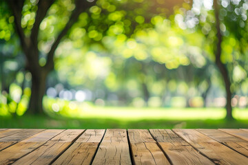 Wooden tabletop with green summer park in background.