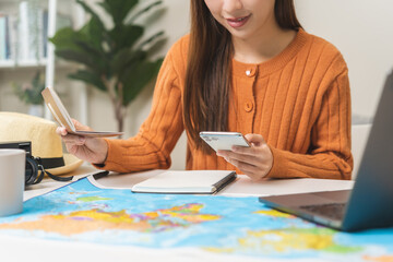 Travel planning, vacation, holiday trip, asian young tourist woman, girl hand using mobile phone,...