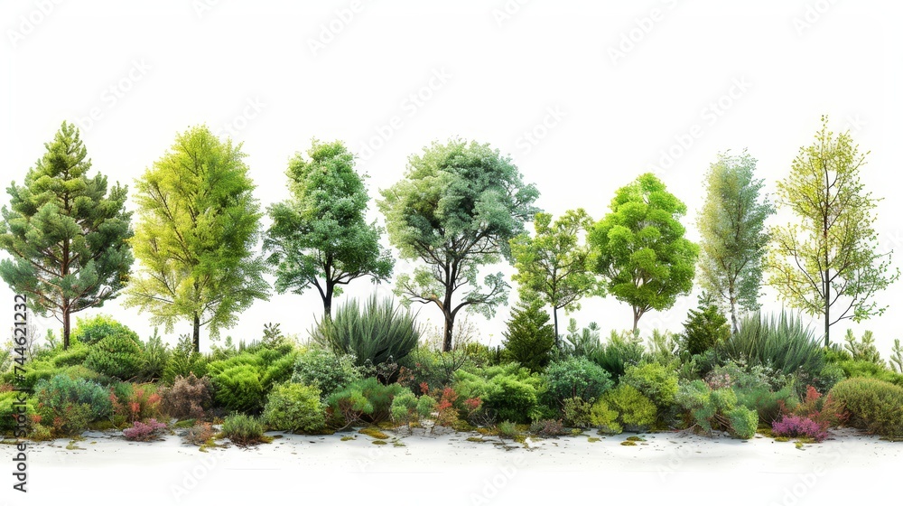 Poster cutout tree line. row of green trees and shrubs in summer isolated on white. forestscape. high-quali