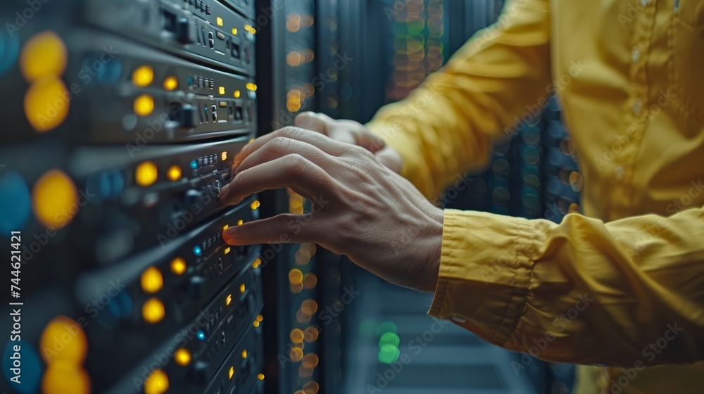 Fototapete Closeup of hands of a Data Center Programmer using a Digital Laptop Computer, a Maintenance IT Specialist and Cloud Computing System Administrator working on IaaS, SaaS, and PaaS cyber security.