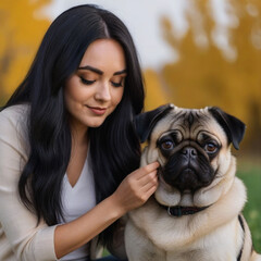 Young lady poses with her Pug dog in the garden and hugs him affectionately