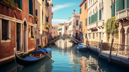 Fototapeta na wymiar Venice canal with gondolas, Italy. Panoramic view