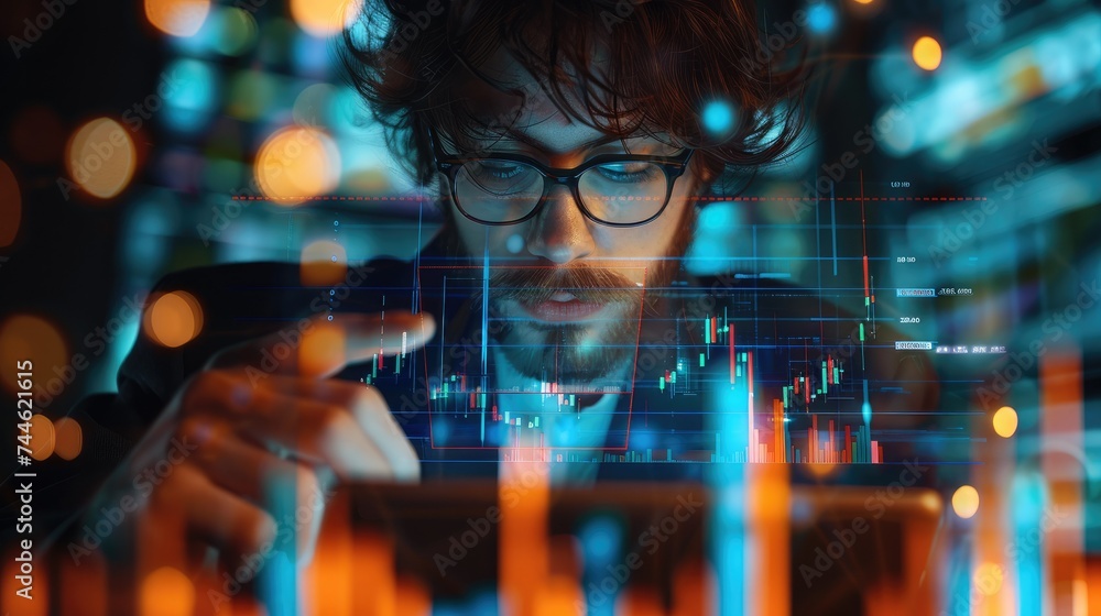 Poster a professional with a tablet, showcasing hologram graphs of stock market trends and charts. generati