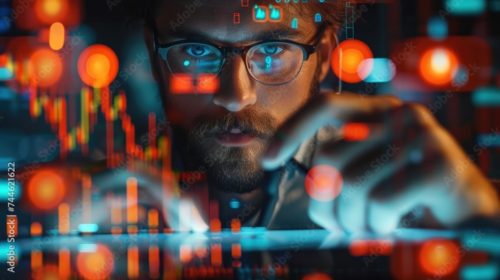 Poster a professional with a tablet, showcasing hologram graphs of stock market trends and charts. generati