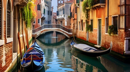 Panoramic view of Venice canal with gondolas, Italy