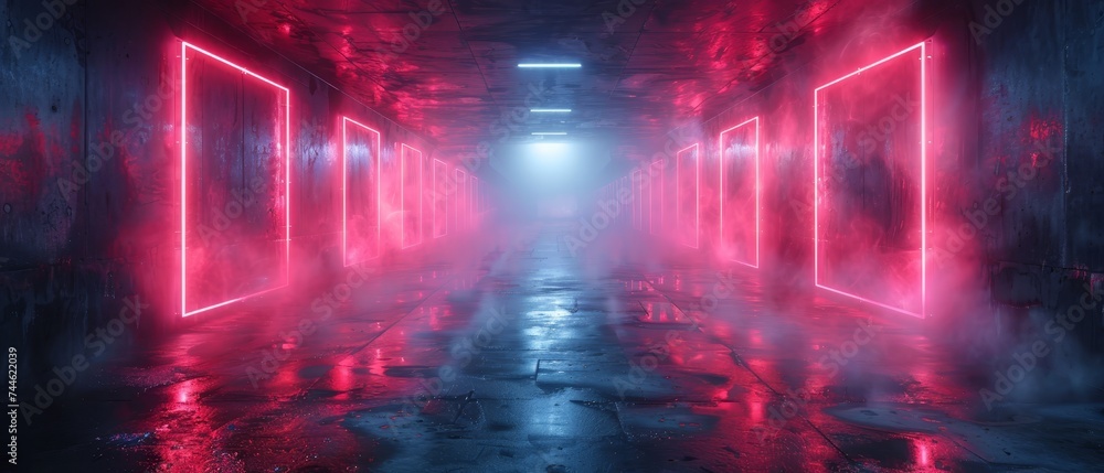 Leinwandbilder Neon lines and rays on a background wall. Neon light in a dark corridor. Abstract background with lines and glow. Wet asphalt, neon smoke.