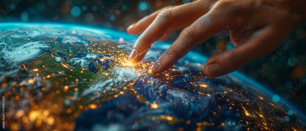 Poster hand of touching global network connection and data exchange on planet earth background