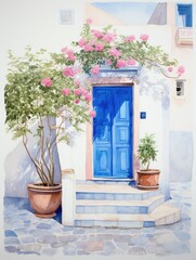 Fototapeta premium A Painting of a Blue Door and Potted Plants. Printable Wall Art.