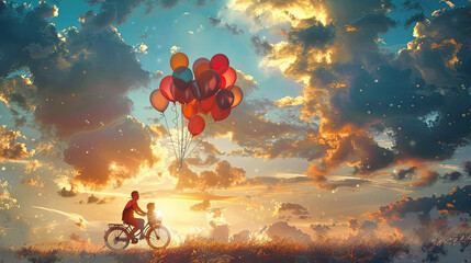  Happy fathers day card. Paper cut style. Vector illustration, A happy family rides a bike under sky and clouds 