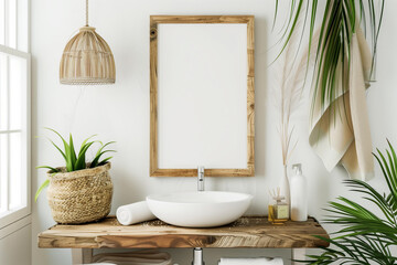 Blank modern wooden frame in a romantic boho bathroom - obrazy, fototapety, plakaty