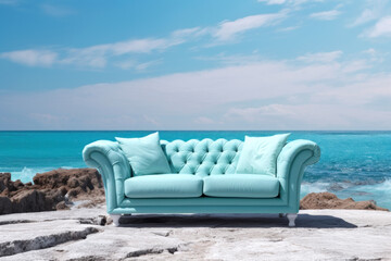 Relax in style with this elegant seafoam sofa set against a dreamy seaside