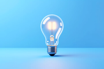 Illuminate your projects with this vibrant photo of a glowing light bulb on a sleek blue background. Perfect for creative or energy concepts. - obrazy, fototapety, plakaty