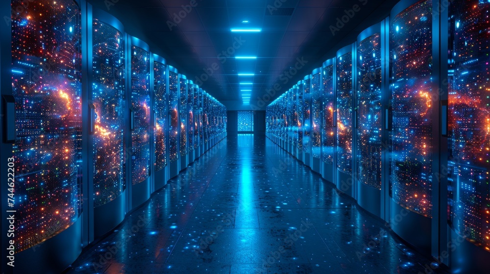 Poster The corridor of a working data center is filled with rack servers and supercomputers with high Internet projections.