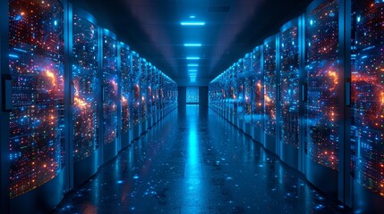 The corridor of a working data center is filled with rack servers and supercomputers with high Internet projections. - obrazy, fototapety, plakaty
