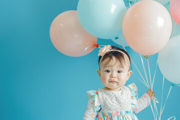 Fototapeta na wymiar baby girl with balloons on blue background with copy space