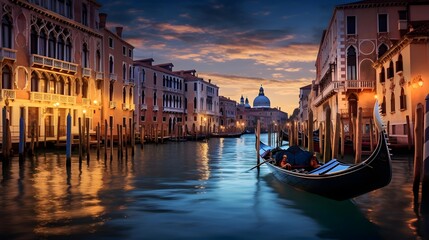 Fototapeta na wymiar Gondola on the Grand Canal in Venice, Italy at sunset