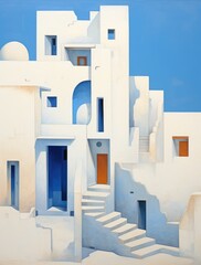 White Building With Stairs Painting. Printable Wall Art.