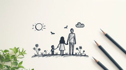 happy fathers day illustration sketch of father and kids on white paper, love bond, happy family , greeting cards