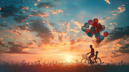  Happy fathers day card. Paper cut style. Vector illustration, A happy family rides a bike under sky and clouds 