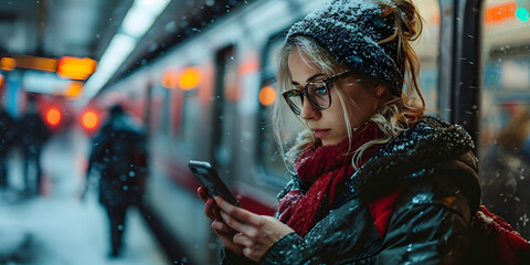 A Young Woman Using her Smartphone on the Subway. Woman with her Mobile Phone at Train Station