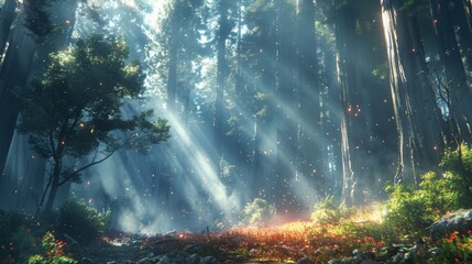Sunlight illuminating a redwood forest. - obrazy, fototapety, plakaty