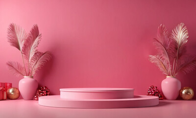 This is a minimalist and modern image featuring a pink circular podium with steps. AI generated