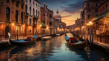 Gondolas on the Grand Canal in Venice at night, Italy - obrazy, fototapety, plakaty