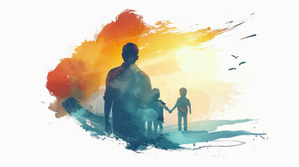 happy fathers day illustration paint art of father and kids on white paper, love bond, happy family 