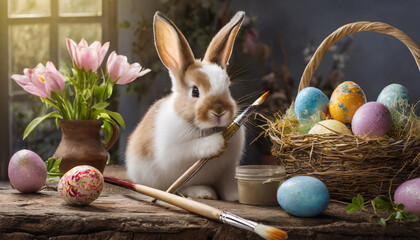 cute bunny holding brush in paw and painting Easter eggs on the table