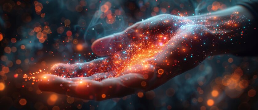 Using AI global network technology, a hologram with light and a hand of a human that glows blue and red in a sci-fi futuristic concept, a particle with digital data, cyber information, science and