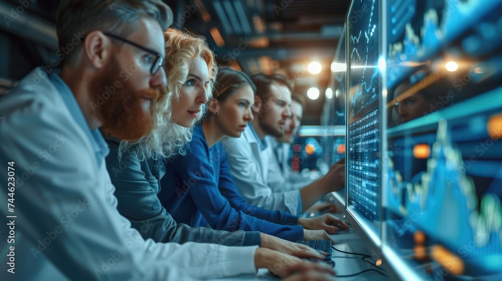 Aufkleber group of people looking at data analysis on monitor. generative ai.