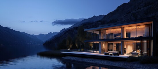 Minimalist luxury housing on the edge of a lake with a dark mountain backdrop - obrazy, fototapety, plakaty