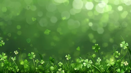 Photo sur Plexiglas Olive verte St Patrick's Day in a vibrant spring landscape with lush greenery, clover leaves, and the beauty of nature, symbolizing luck and growth on a sunny day. For the Day of the Festival of Patrick.