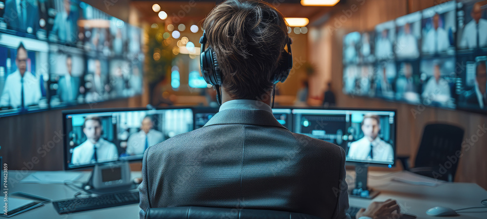 Aufkleber workplace monitoring of employees, with workers on screens being observed. generative ai.