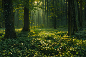 Lush forest panorama with towering trees, dappled sunlight.
