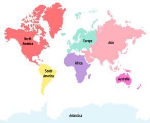 Map of the world with names of continents in pastel colors, vector illustration.