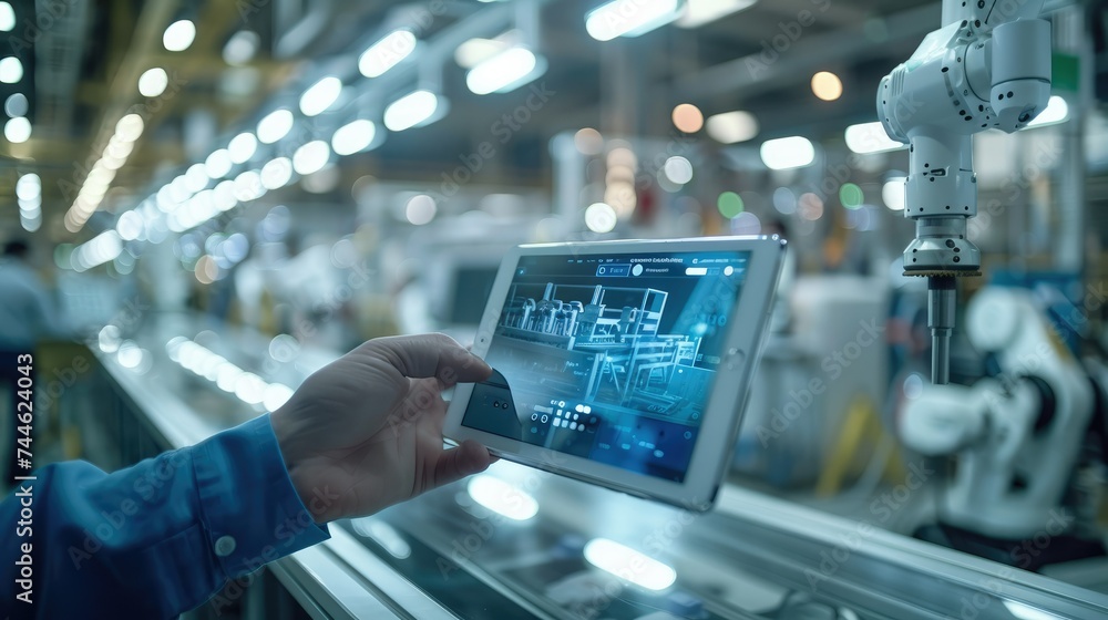 Poster A future driven factory with robot arms working in the background, foreground a transparent tablet hold by a worker. Generative AI.