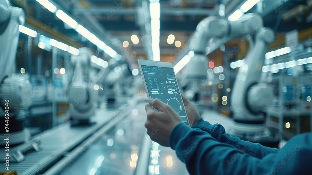 Fototapete a future driven factory with robot arms working in the background, foreground a transparent tablet h