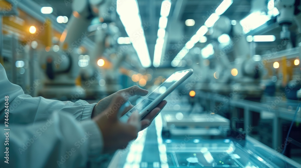 Poster a future driven factory with robot arms working in the background, foreground a transparent tablet h
