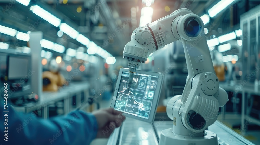 Poster A future driven factory with robot arms working in the background, foreground a transparent tablet hold by a worker. Generative AI.