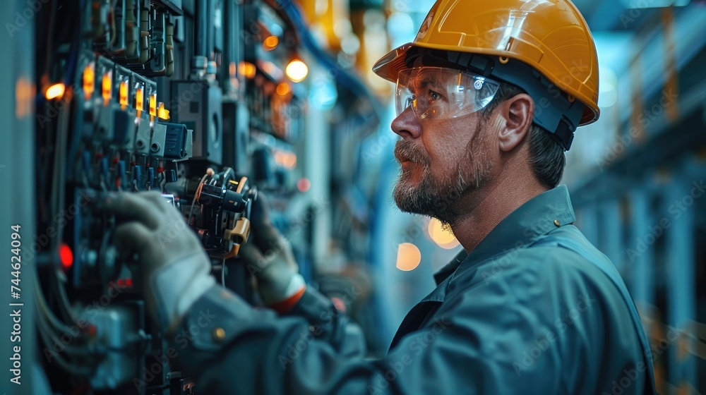 Poster A facility manager conducting a routine inspection on a transformer, using tools and safety gear. Generative AI.